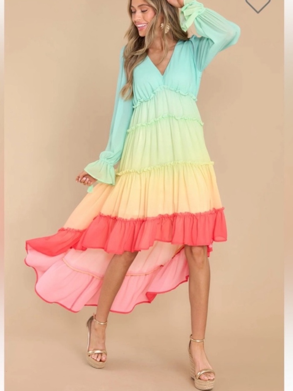 Red Dress Aura Rainbow Multi High-Low Chiffon Dress size s